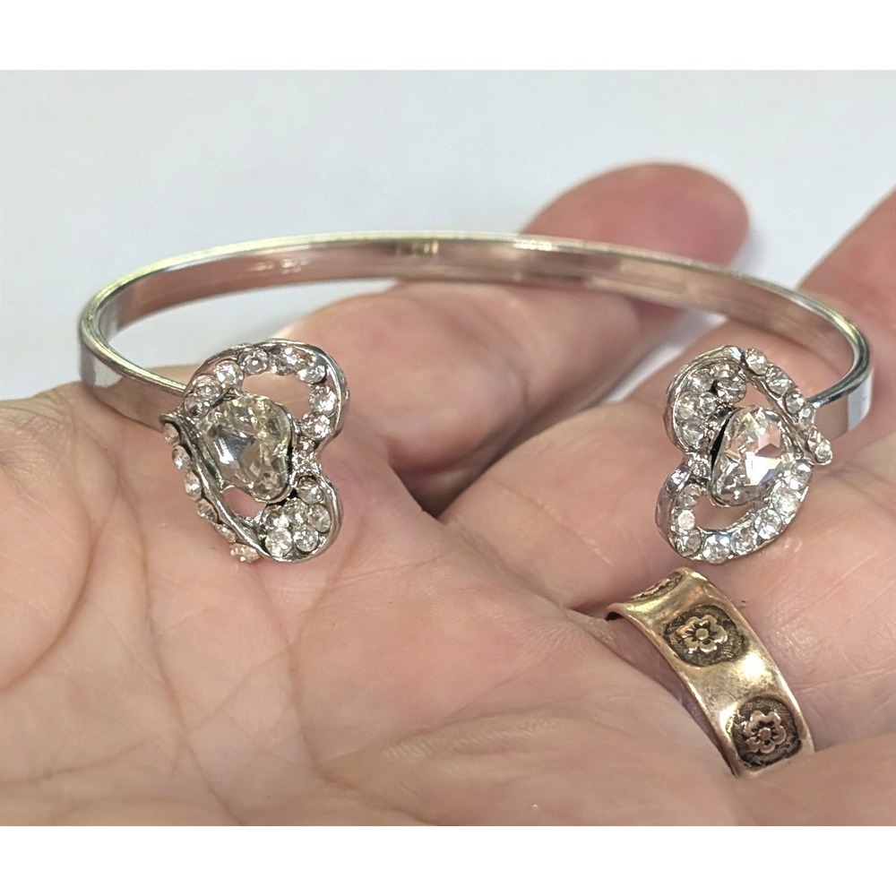Vintage Cuff Bracelet Silver Tone Metal Rhinestone Double Heart Bypass Bangle